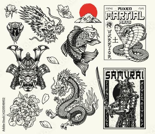 Japanese style tattoo design with dragon, fish