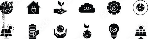 Green Technology, Solar Energy and Ecology Line Icons