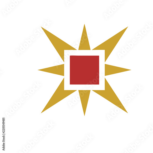 Red square inside a white square with golden starburst