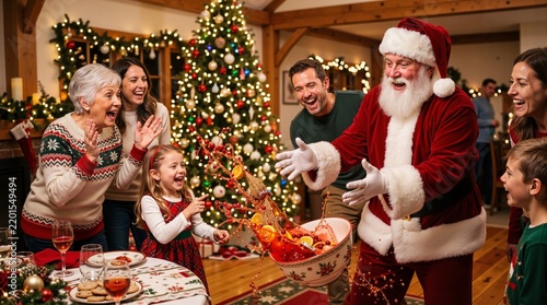 Santa Claus accidentally dropping punch bowl during festive Christmas family dinner at cozy home
