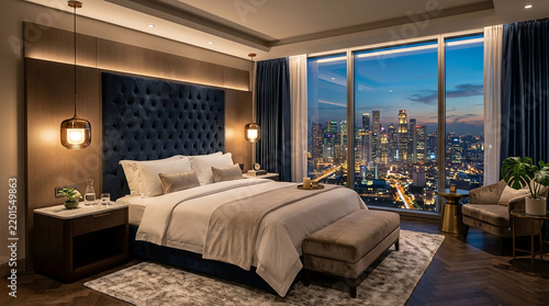 Modern luxury hotel bedroom featuring a plush bed with a city skyline view at night with overlooking brightly illuminated navy headboard overlooking