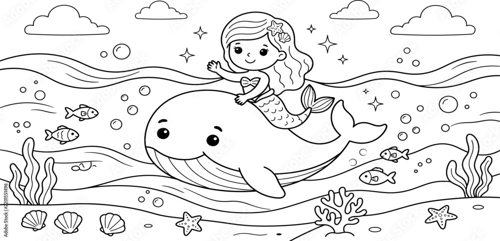 Fototapeta premium Cute little mermaid riding a friendly whale in the deep blue ocean coloring page