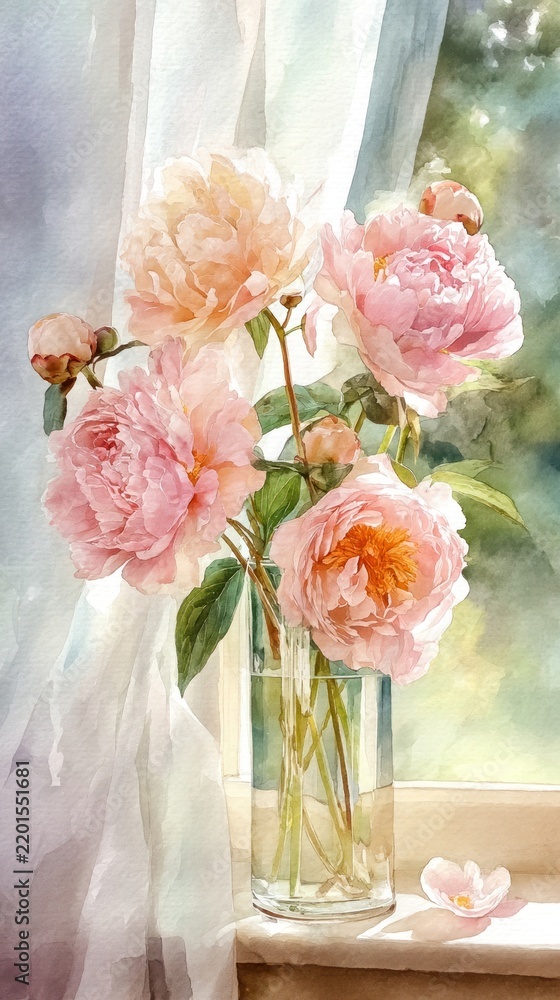 Obraz premium Watercolor peonies in a vase by a window, perfect for mobile wallpaper.