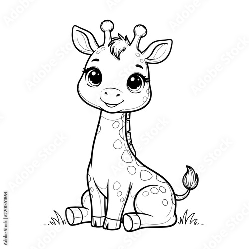 Cartoon baby giraffe sitting on grass smiling sweetly looking cute