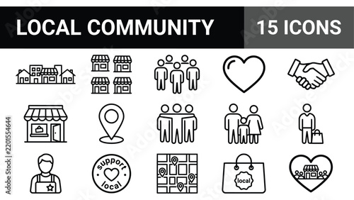 Set of fifteen local community and small business line icons on a white background