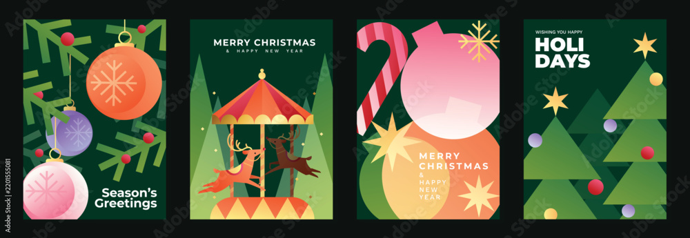 Obraz premium Christmas and Happy New Year 2027 vector poster collection with colorful baubles, candy cane, holiday tree, stars and playful geometric festive illustrations