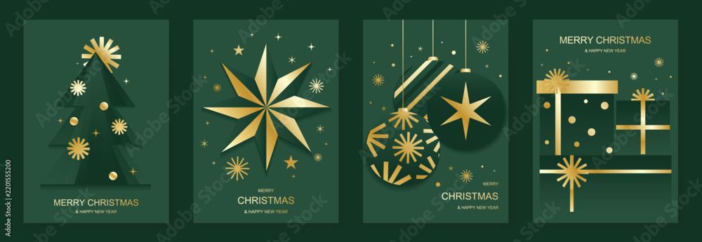 Obraz premium Luxury Christmas and Happy New Year 2027 vector poster collection with dark green and gold tree, star ornaments, radiant decorations and elegant gift frame design