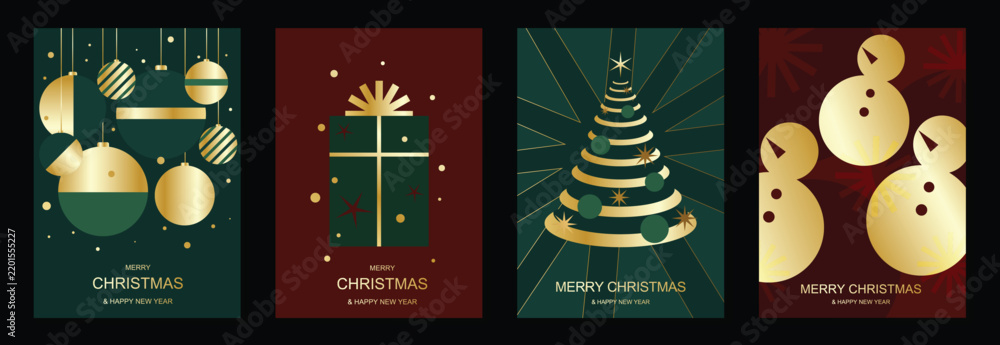 Obraz premium Christmas and Happy New Year 2027 vector poster collection with gold ornaments, wrapped gift, spiral tree and snowman on dark green and burgundy backgrounds
