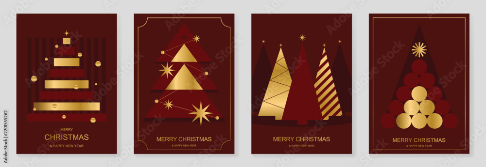 Obraz premium Luxury Christmas and Happy New Year 2027 vector poster collection with burgundy red and gold geometric trees, stacked gifts, ornaments and elegant festive decorations