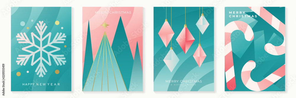 Obraz premium Christmas and Happy New Year 2027 vector poster collection with pastel snowflakes, stylized trees, hanging geometric ornaments and teal pink winter backgrounds