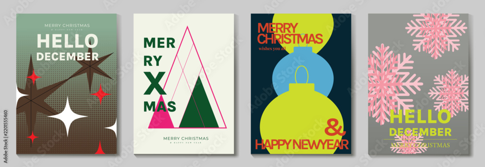 Obraz premium Christmas and Happy New Year 2027 vector poster collection with Hello December typography, geometric ornaments, snowflakes, modern trees and festive green pink red graphics