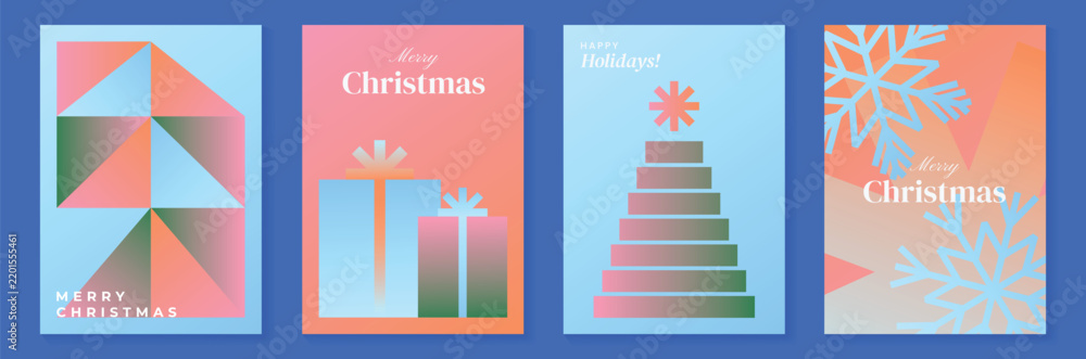 Obraz premium Christmas and Happy New Year 2027 vector poster collection with pastel geometric trees, gift boxes, snowflakes and modern pink blue orange holiday backgrounds