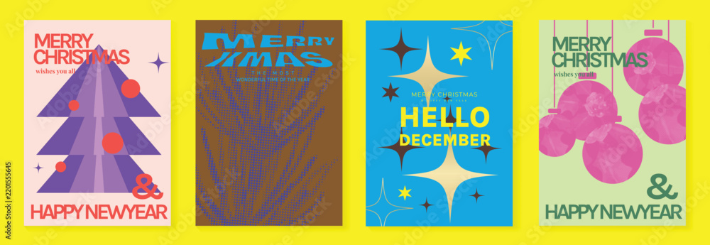 Obraz premium Christmas and Happy New Year 2027 vector poster collection with bright retro tree, Hello December typography, pink baubles, stars and colorful yellow blue festive graphics
