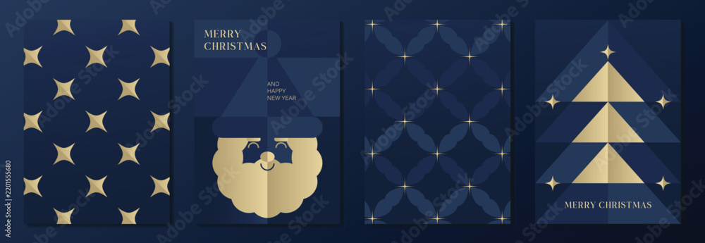 Obraz premium Luxury Christmas and Happy New Year 2027 vector poster collection with navy blue and gold stars, festive character, diamond pattern and geometric holiday tree