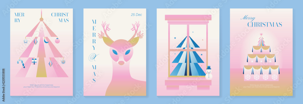 Obraz premium Christmas and Happy New Year 2027 vector poster collection with pastel geometric tree, stylized reindeer, gift inspired shapes and playful pink blue winter illustrations
