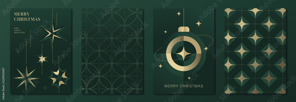 Obraz premium Luxury Christmas and Happy New Year 2027 vector poster collection with dark green and gold geometric patterns, sparkling stars, circular ornaments and elegant festive details
