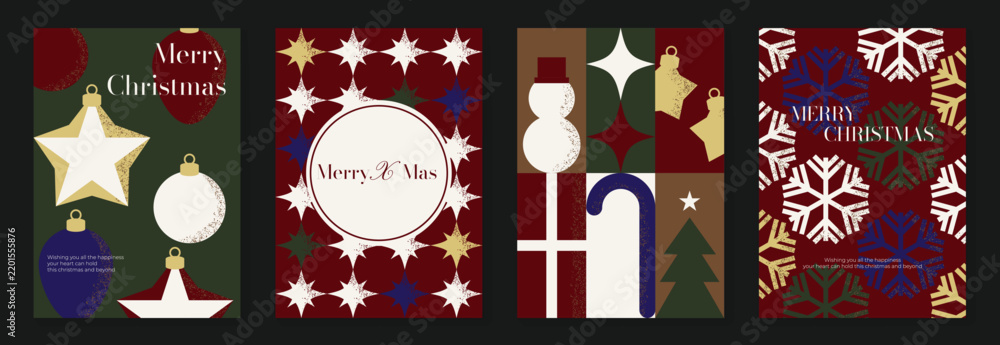 Obraz premium Christmas and Happy New Year 2027 vector poster collection with colorful collage stars, snowman, ribbons, ornaments and bold red blue cream snowflake patterns