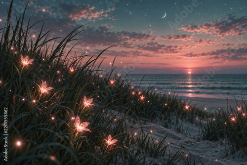 Glowing Flowers on a Beach at Sunset