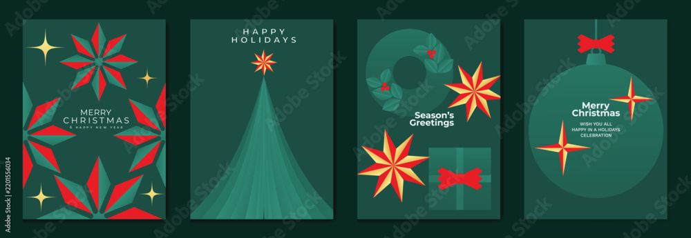 Obraz premium Christmas and Happy New Year 2027 vector poster collection with dark green wreath, stylized tree, red bows, poinsettia inspired flowers and retro festive graphics