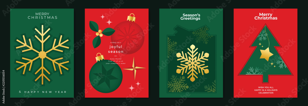 Obraz premium Christmas and Happy New Year 2027 vector poster collection with red and green ornaments, snowflakes, geometric trees and bold modern festive backgrounds