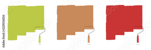 Three paint rollers with color swatches isolated on a transparent background