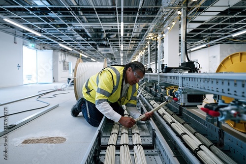 Data center construction technician pulling cable into a metal tray, concentrated woman working in a dusty server room for skilled trades