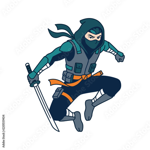 Dynamic ninja warrior jumping with katana sword in cartoon style