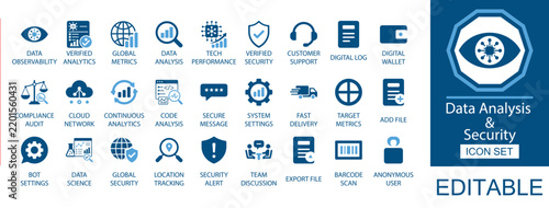 Data analysis and security solid icon set. Featuring data observability, cloud network, compliance audit, and digital wallet. Vector icons for team discussion, global metrics, and system analytics.