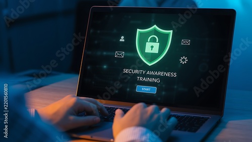 Hands typing on laptop displaying cybersecurity awareness training with glowing shield icon and digital interface