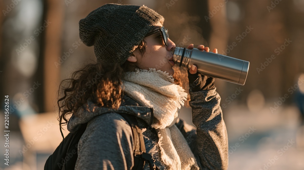 Fototapeta premium Woman outdoors drinking water in winter forest