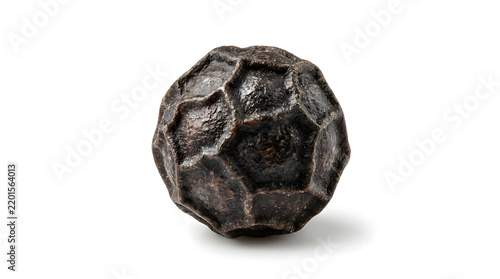 Macro view of a single dried black pepper grain showing textured surface isolated on white background with shadow.