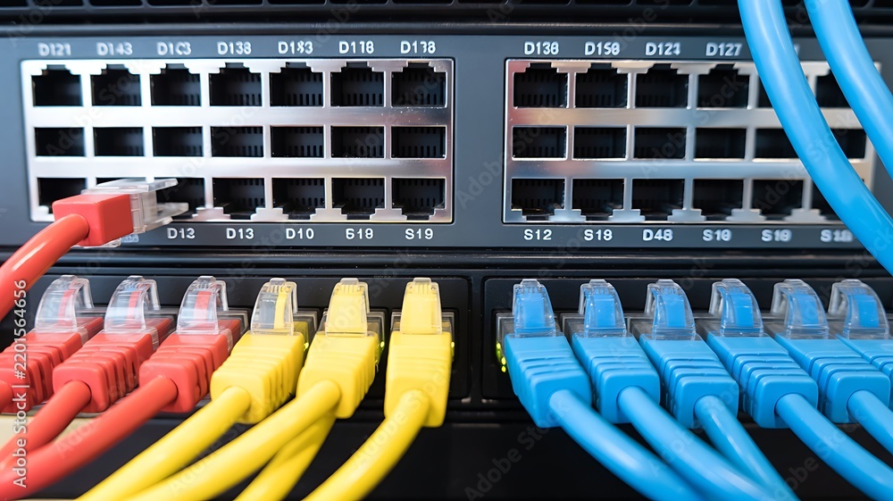 Fototapeta premium Network switch with colorful ethernet cables connected for data transfer during technology operation