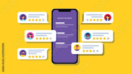 Smartphone displaying recent customer reviews with star ratings and user profile avatars on a yellow background