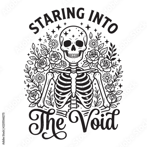 Staring into the void, a skeleton surrounded by flowers and roses in a detailed monochrome
