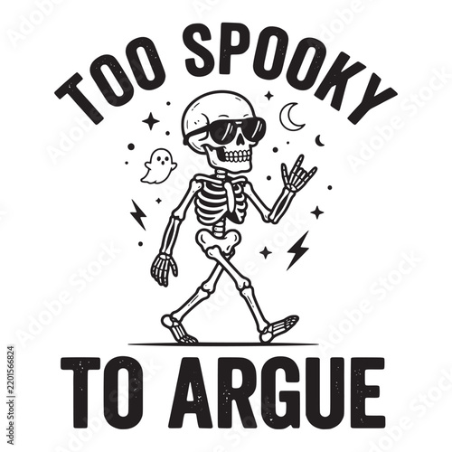 Too spooky to argue, a skeleton walking and making a rock and roll hand gesture, black and white skull