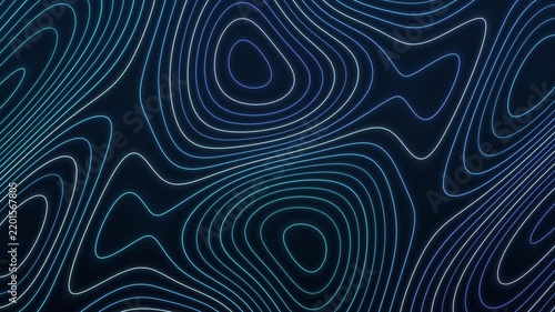 Abstract glowing blue topographic contour lines undulating on dark background seamless loop animation