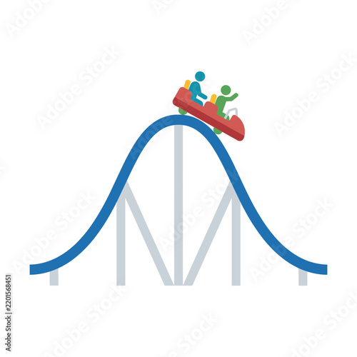 Rollercoaster ride with happy people moving along a blue track