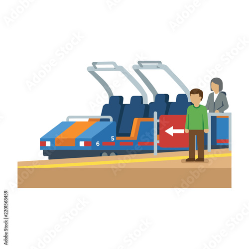Rollercoaster train at station platform with passenger and staff