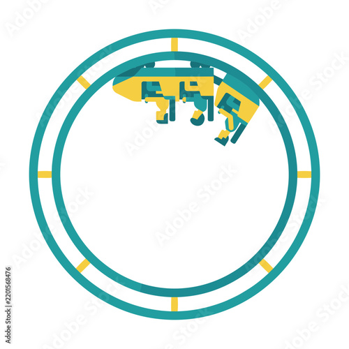 Rollercoaster train riding upside down on a circular teal track loop