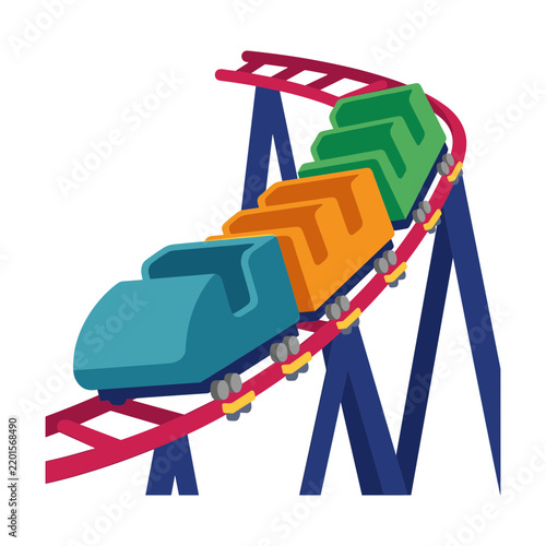 Rollercoaster vector illustration with colorful cars on a steel track