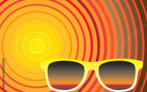 Yellow sunglasses on a sunburst background representing summer heat