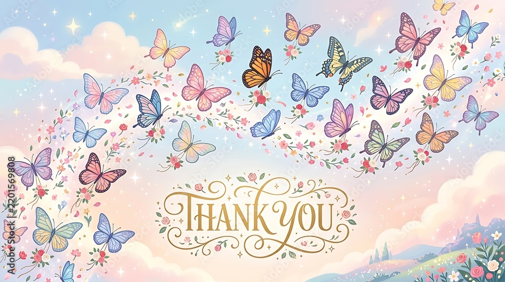 Obraz premium Colorful butterflies flying around a beautiful hand drawn thank you message text design