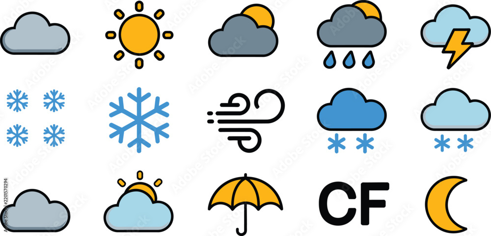 Obraz premium Vector Weather Icon Set, colorful sun rain snow cloud lightning wind umbrella and temperature symbols for weather forecast applications and meteorology design.