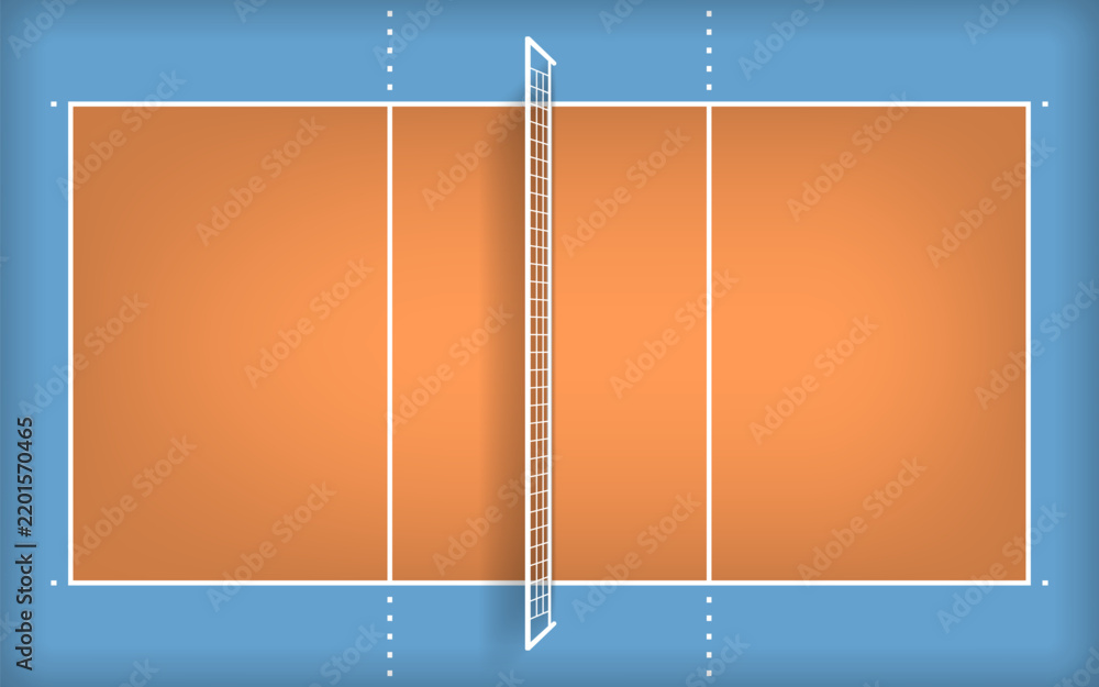 Obraz premium Top view illustration of an indoor volleyball court with an orange playing surface, blue surrounding area, white boundary markings, center lines, and a volleyball net.