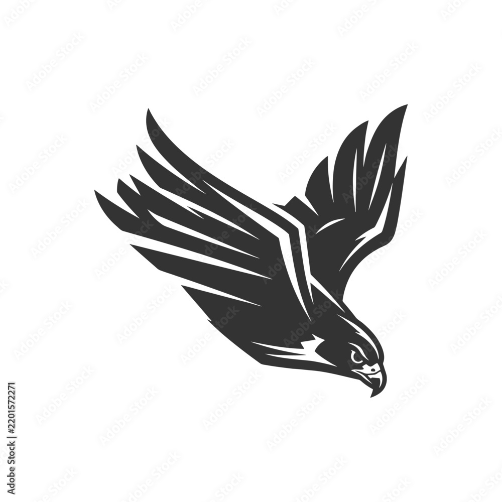 Obraz premium Stylized black falcon silhouette with outstretched wings on white background.
