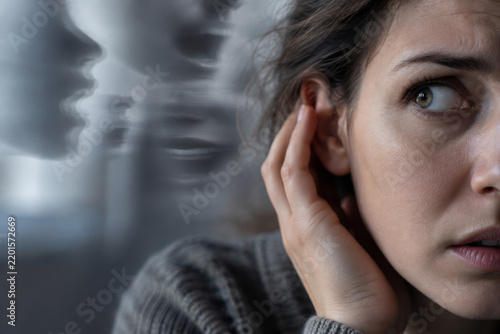 A woman presses one hand to her ear and listens. Ghostly faces hover beside her wide, startled eye. Auditory hallucination and schizophrenia involving voices in the head.