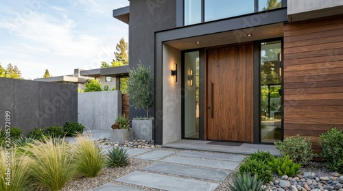 A modern house exterior features a large wooden front door with glass panels and a sleek, dark gray concrete frame.