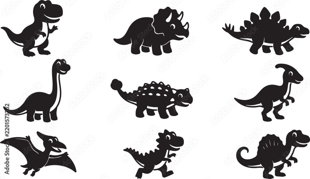 Obraz premium Set of cute cartoon dinosaur silhouettes isolated on a white background for kids design