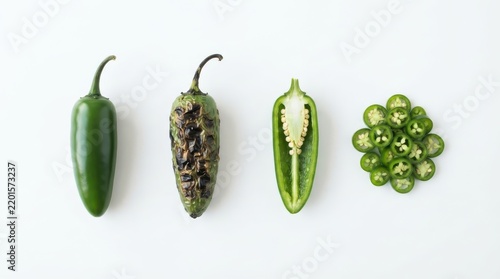 Jalapeno peppers isolated on white background, showing a whole fresh pepper, a charred roasted pepper, a halved pepper, and a pile of sliced rings