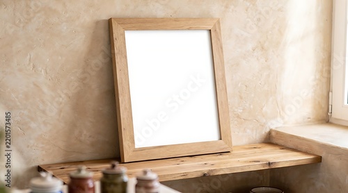 Minimalist vertical wooden picture frame mockup with white blank space leaning against a textured beige wall on a rustic wooden shelf in a bright, sunlit room, perfect for art presentation.